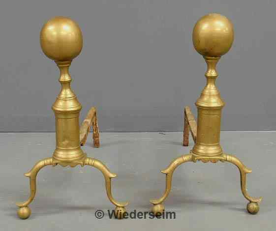 Appraisal: Pair of Chippendale brass ball-top andirons with arched legs h