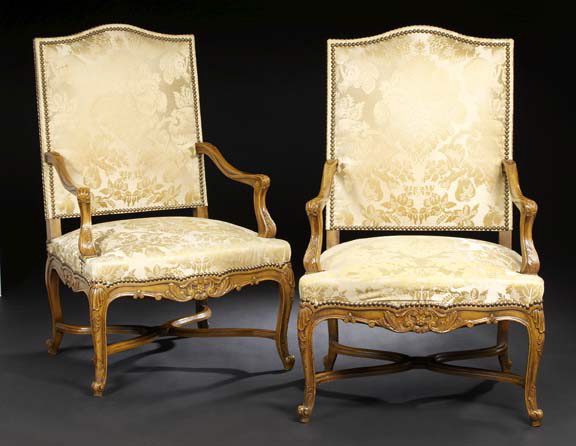 Appraisal: Pair of Louis XIV-Style Walnut Fauteuils a la Reine late