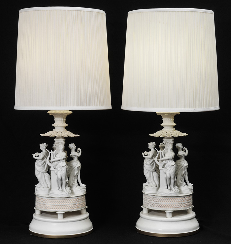 Appraisal: PAIR NEO-CLASSICAL MUSES PARIAN LAMPS Each with metal base and