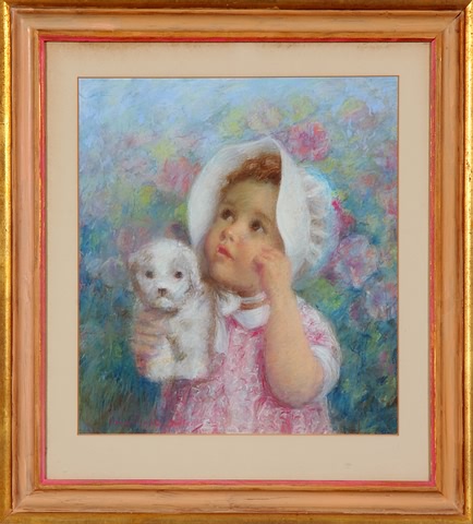 Appraisal: Young girl with dog surrounded by florals pastel x sight