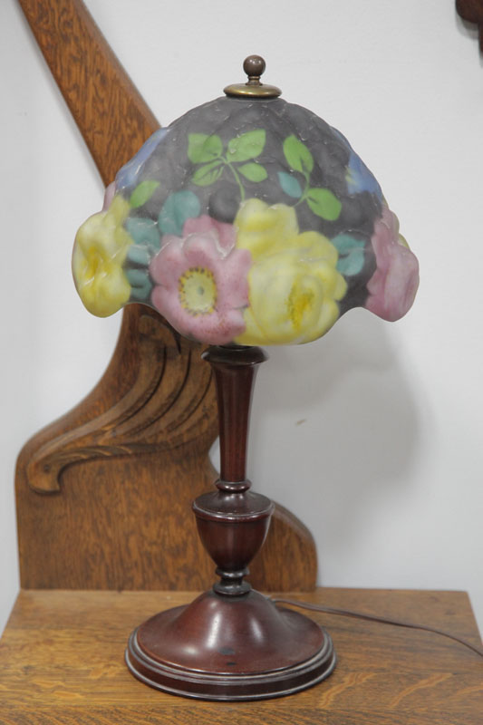 Appraisal: PAIRPOINT DRESSER LAMP Wooden turned base with 'puffy' floral decorated