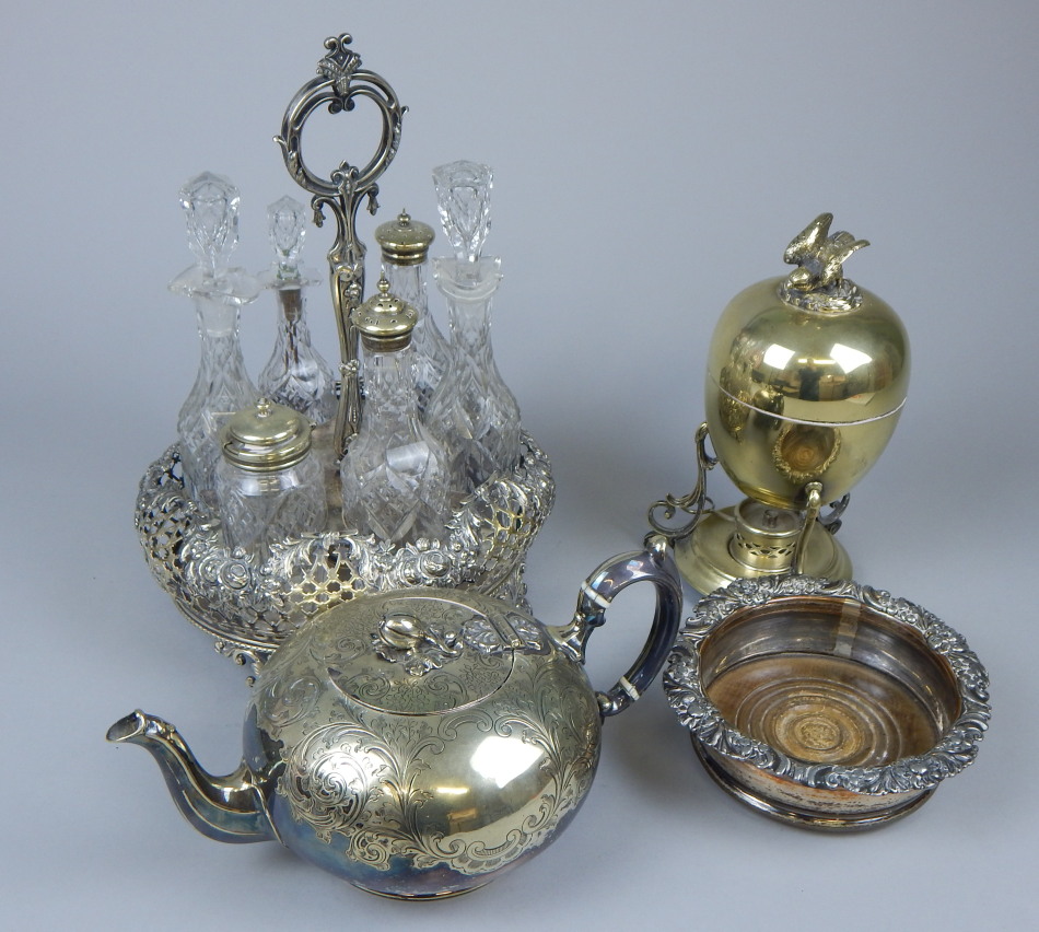 Appraisal: A collection of silver plate to include a six bottle