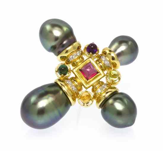 Appraisal: An Karat Yellow Gold Cultured Tahitian Pearl and Multi Gem