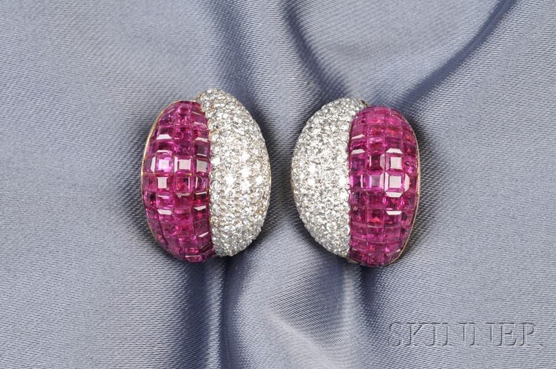 Appraisal: kt Gold Ruby and Diamond Earclips each pave-set with full-cut