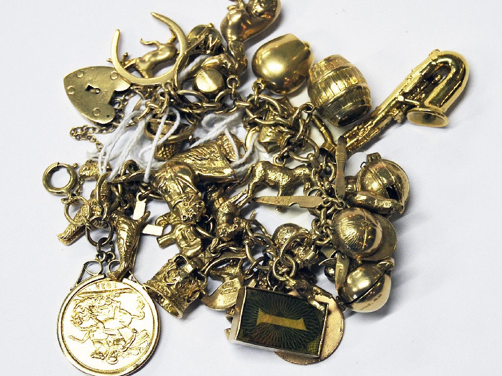 Appraisal: ct gold charm bracelet with padlock clasp hung with charms