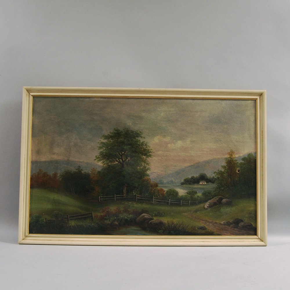 Appraisal: American School th Century Pastoral Landscape with Fence and Pond