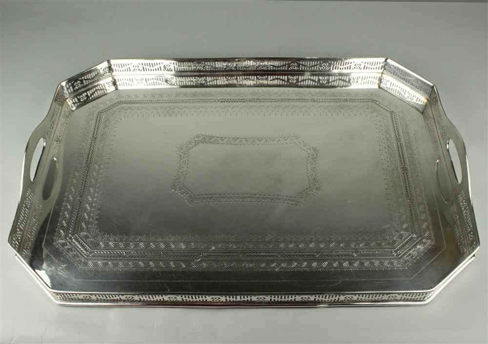 Appraisal: ENGLISH ADAM STYLE GALLERIED TWO-HANDLED TEA TRAY marked WH and