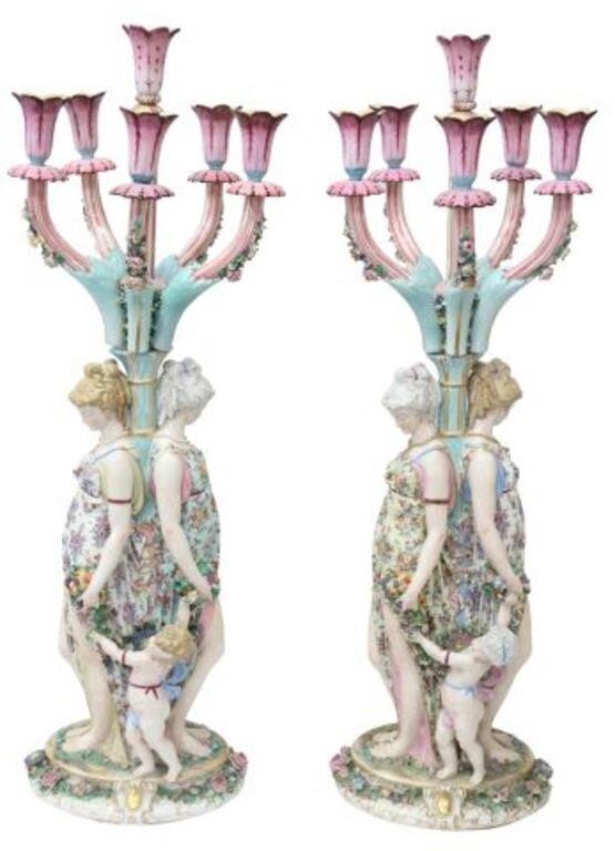 Appraisal: pair Monumental Meissen style porcelain candelabra six candle nozzles supported