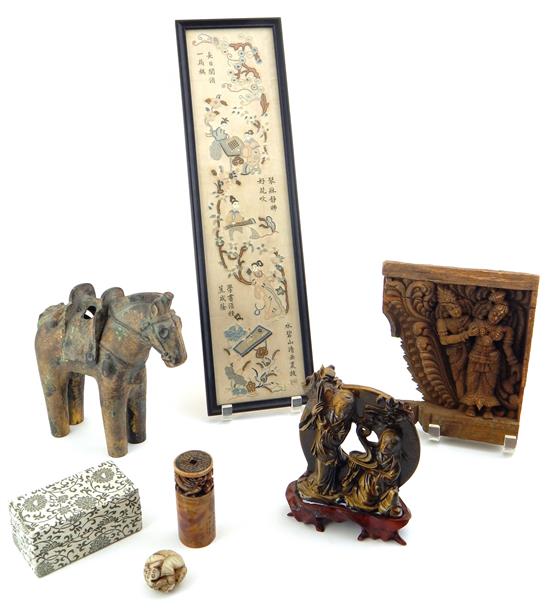 Appraisal: ASIAN Six pieces carved wooden architectural element depicting two Indian