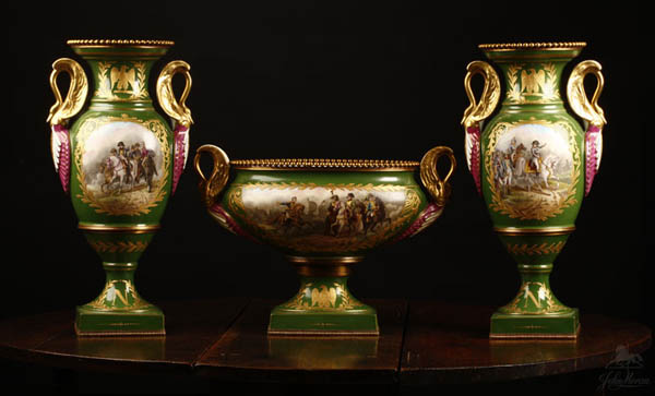 Appraisal: A Sevres style green ground garniture vases urn A Sevres