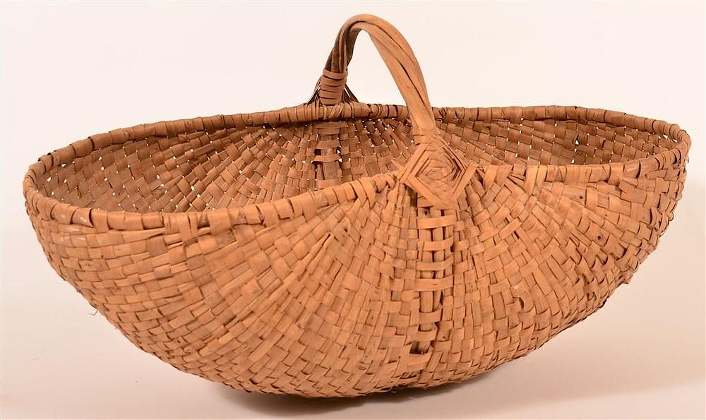 Appraisal: Antique Woven Ash Splint Gathering Basket Antique Woven Ash Splint