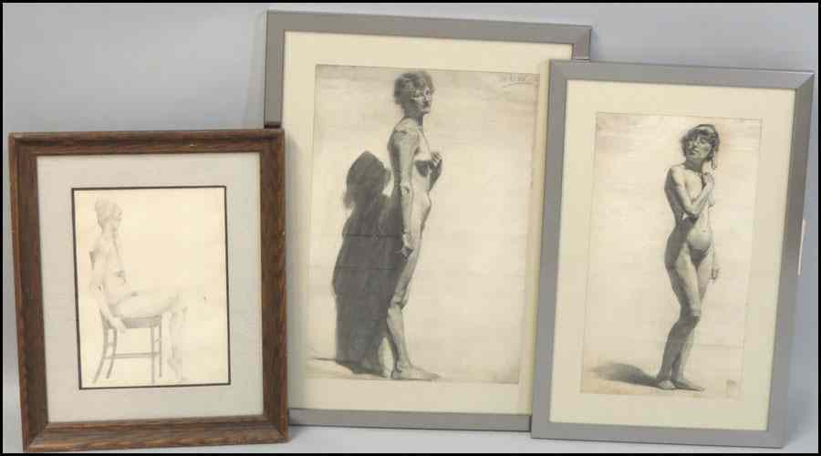 Appraisal: GROUP OF THREE FRAMED NUDE DRAWINGS Two charcoal drawings of