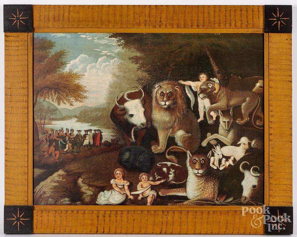 Appraisal: Printed Peaceable Kingdom in a painted frame Printed Peaceable Kingdom