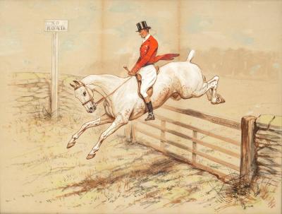 Appraisal: Basil Nightingale British - No Road huntsman jumping a gate