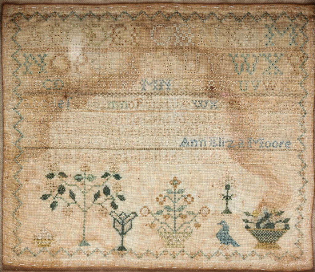 Appraisal: SMALL SAMPLER Most likely American silk on linen Finely stitched