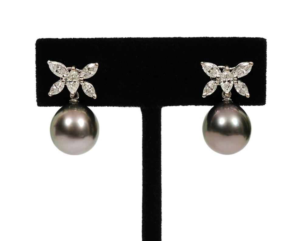 Appraisal: Pair of contemporary peacock bronze South Sea pearl diamond pierced