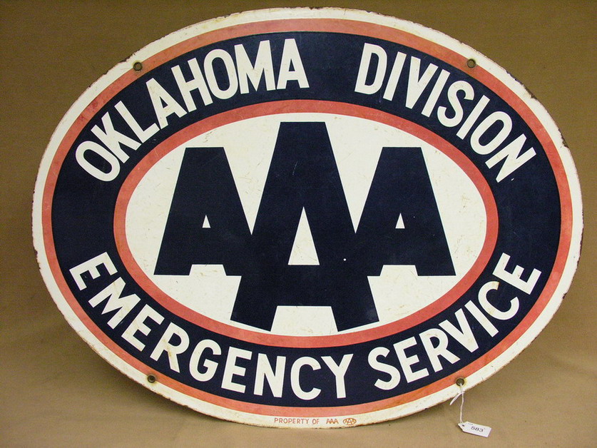 Appraisal: OKLAHOMA AAA EMERGENCY SERVICE SIGN Double sided porcelain Size by