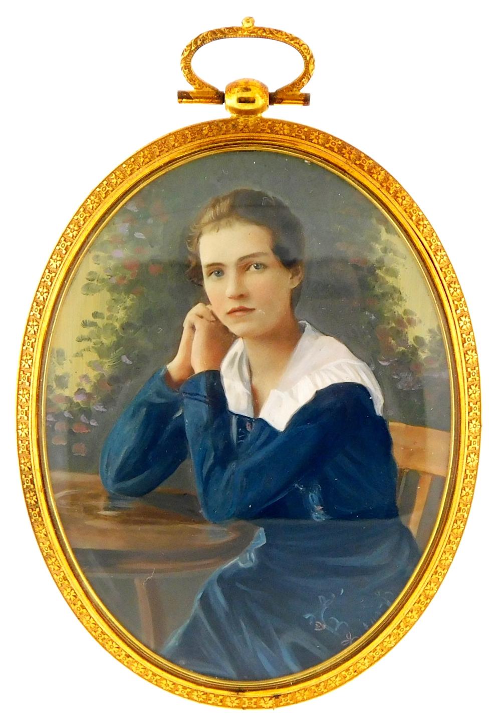 Appraisal: MINIATURE Portrait of a woman oval support seated at table