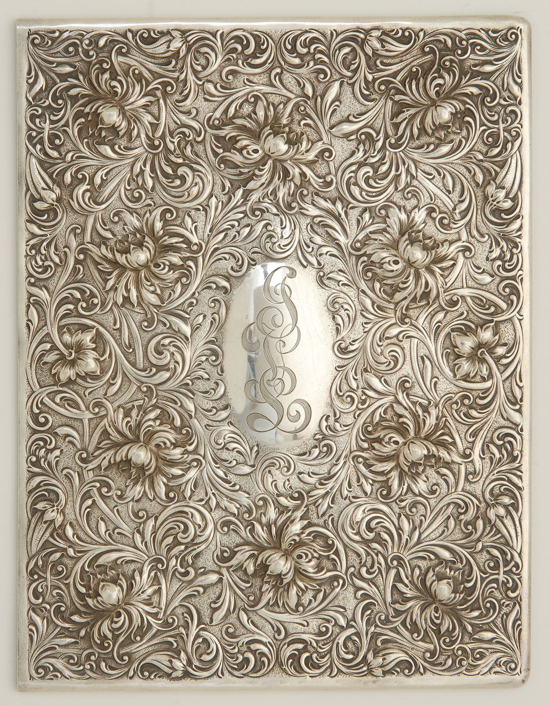 Appraisal: ORNATE GORHAM STERLING SILVER BOOK COVER With chased chrysanthemum decoration