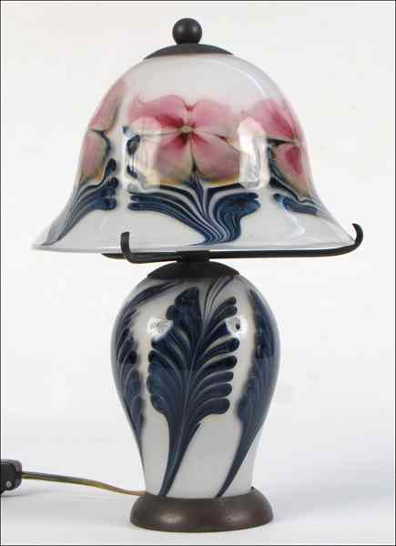 Appraisal: LOTTON STUDIOS MULTI-FLORAL GLASS MINI TABLE LAMP Base and shade