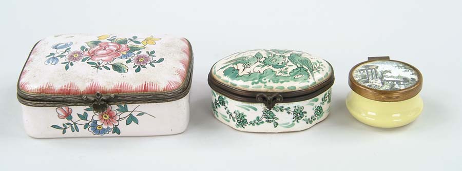 Appraisal: THREE SMALL ENAMEL BOXES - dia Battersea box having classical