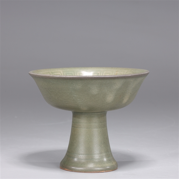 Appraisal: Chinese celadon glazed ceramic stem bowl with molded phoenix design