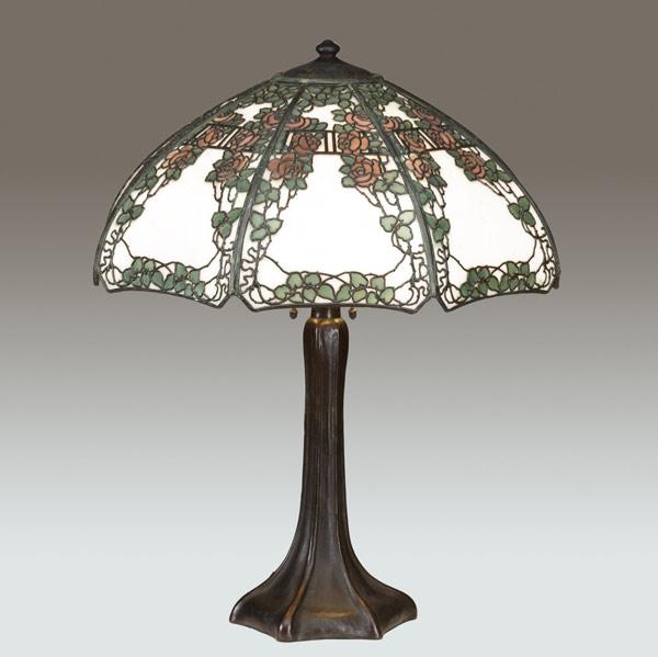 Appraisal: HANDEL Table lamp with a paneled milk-glass shade painted with