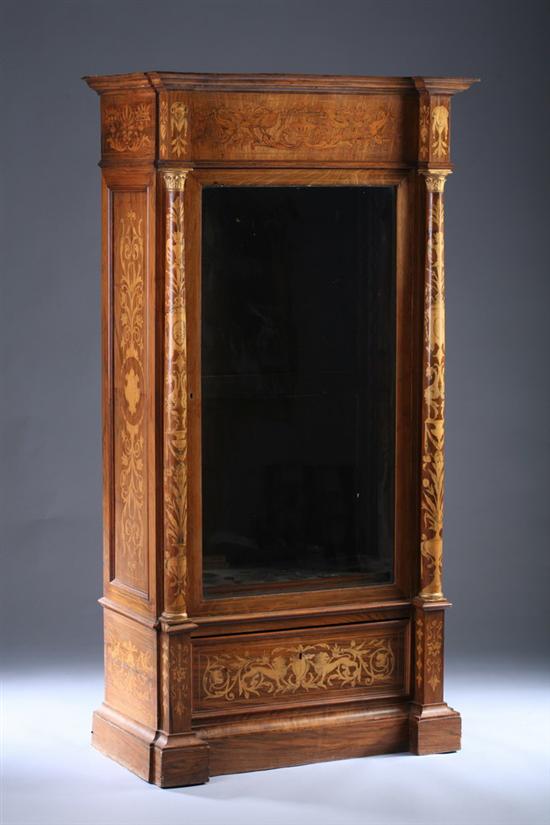 Appraisal: CONTINENTAL MARQUETRY-INLAID VITRINE BOOKCASE th century Reverse breakfronted molded crown