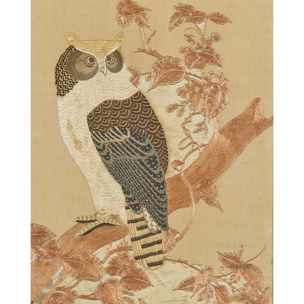 Appraisal: JAPANESE EMBROIDERED PANEL OF AN OWL MEIJI PERIOD CIRCA coloured