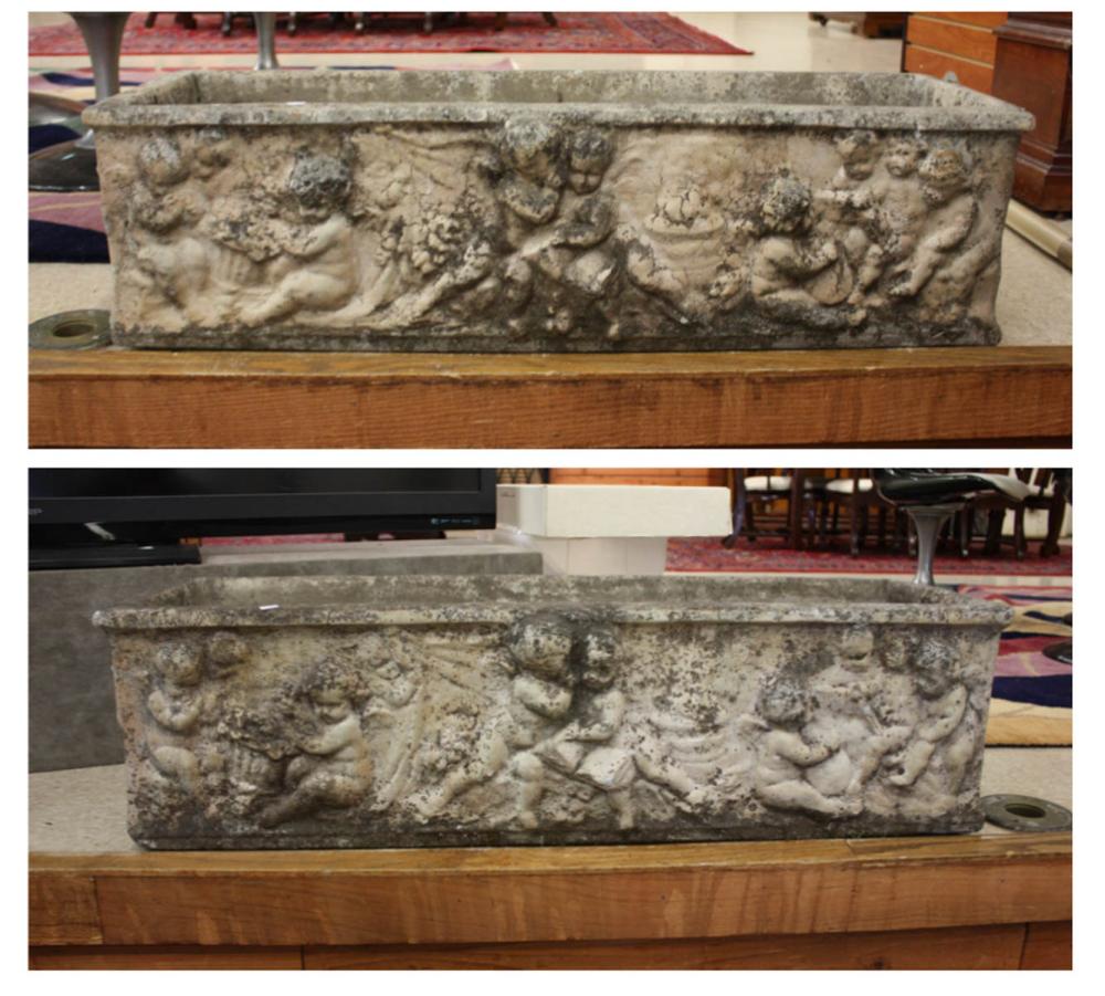 Appraisal: PAIR OF CLASSICAL CONCRETE GARDEN PLANTERS rectangular form with figures