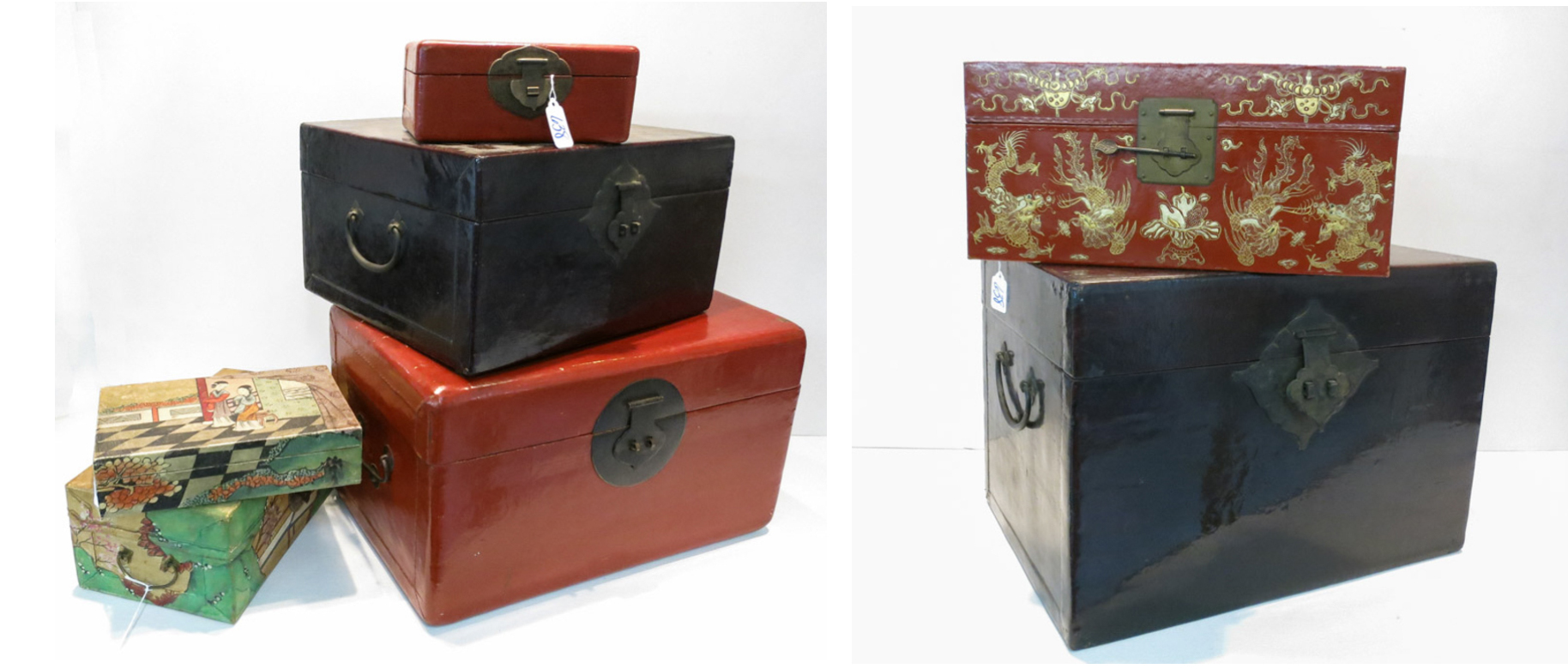 Appraisal: SEVEN LEATHER COVERED CHINESE BOXES various sizes and colors some