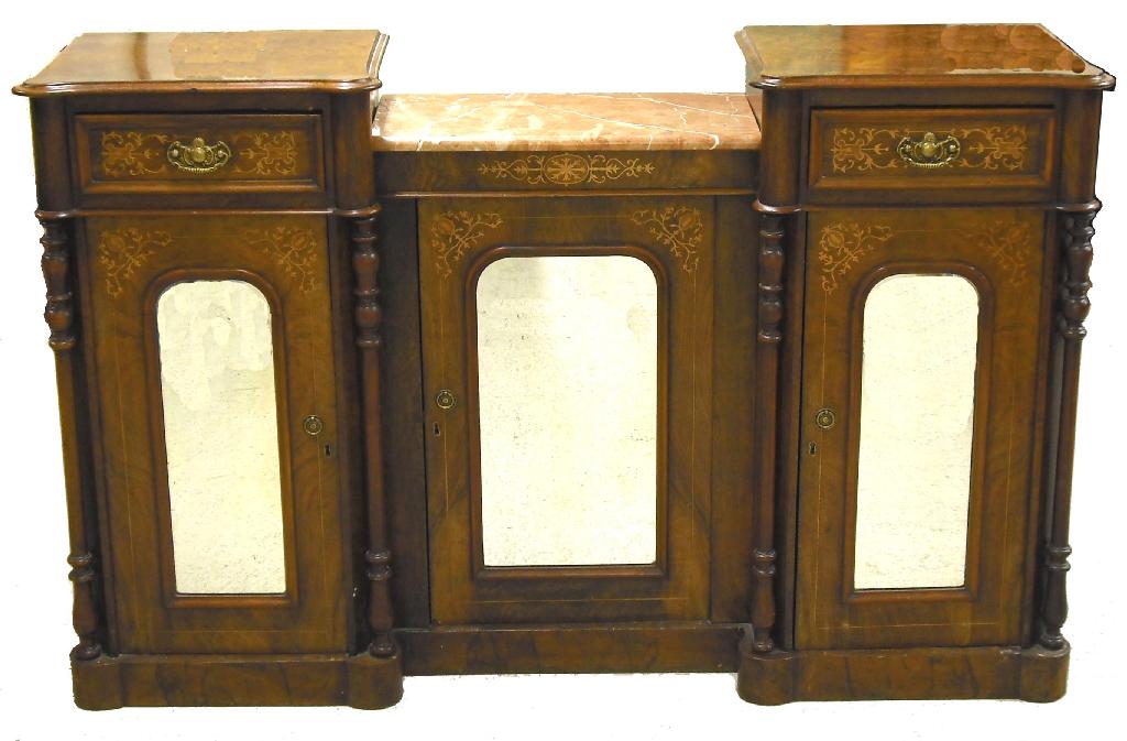 Appraisal: Victorian walnut inlaid side cabinet the marble topped central arched