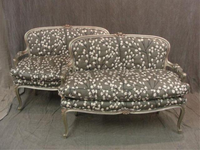 Appraisal: Pair of Louis XV Style Upholstered Loveseats Very decorative silvered