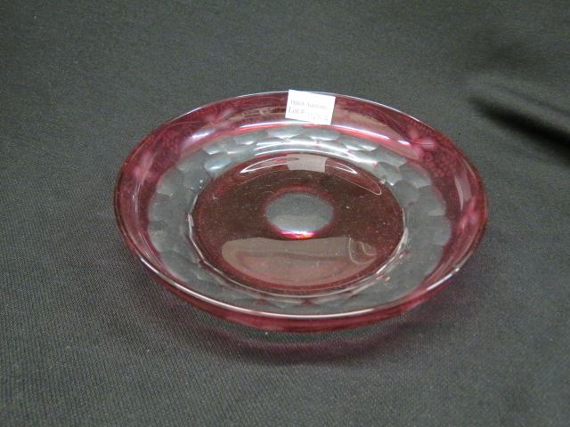 Appraisal: Cranberry Cut-to-clear Dish grape and vine decor honeycomb cutwork attributed