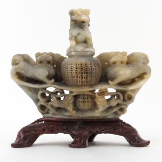 Appraisal: Chinese Carved Soapstone Censer with Figural Foo Lions Chinese Carved