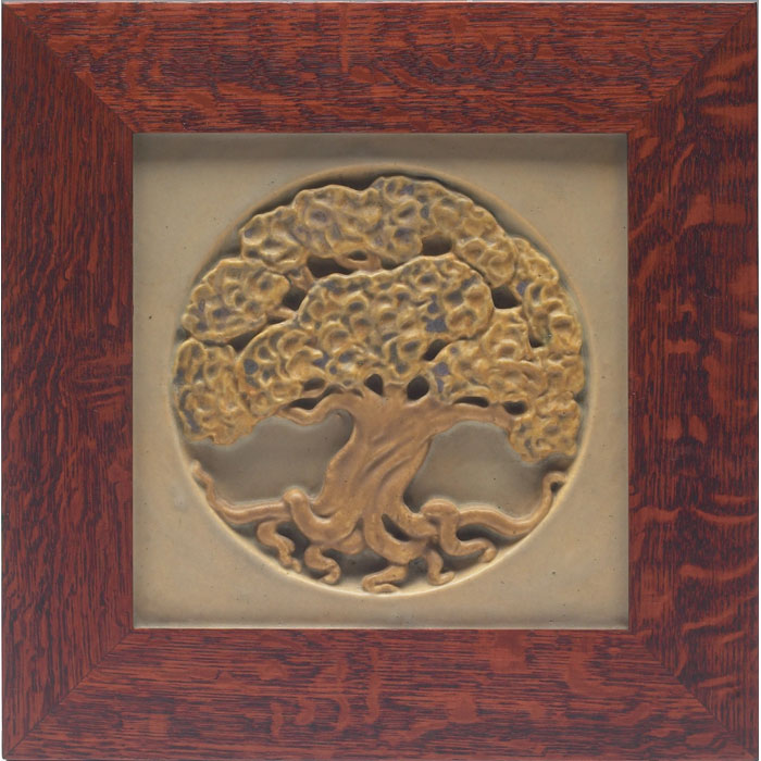 Appraisal: Good Rookwood Faience tile deeply carved oak tree covered in