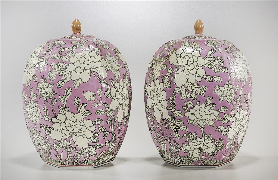 Appraisal: Pair of Chinese enameled ceramic covered jars each of faceted