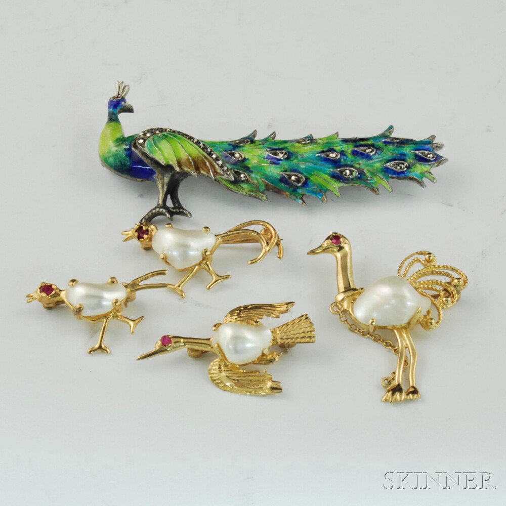 Appraisal: Five Bird Pins four kt gold birds with baroque pearl