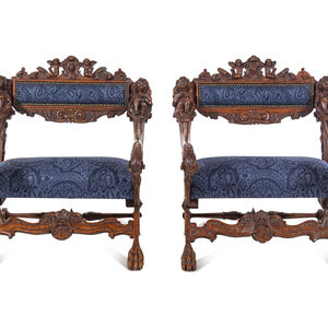 Appraisal: A Pair of Italian Renaissance Style Carved Walnut Armchairs Late