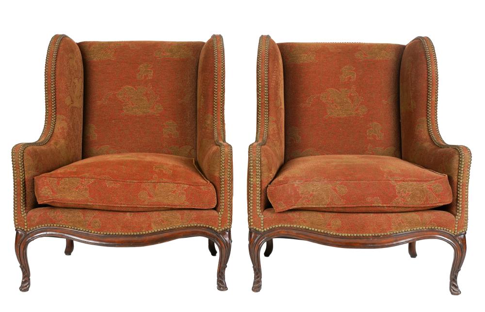 Appraisal: PAIR OF PROVINCIAL-STYLE UPHOLSTERED WING CHAIRScontemporary unsigned covered with red