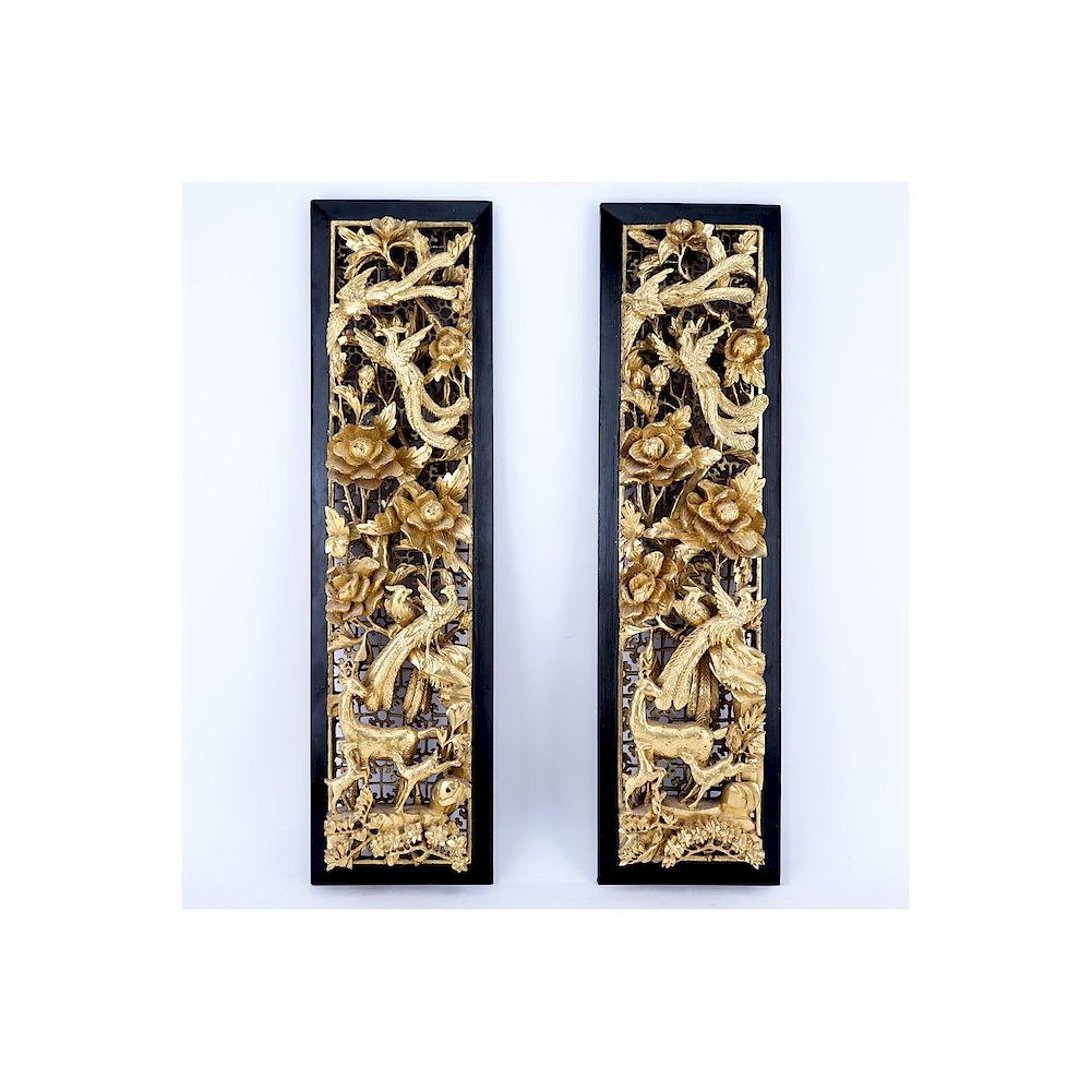 Appraisal: Pair of Chinese Giltwood Deep Relief Carved Panels A few