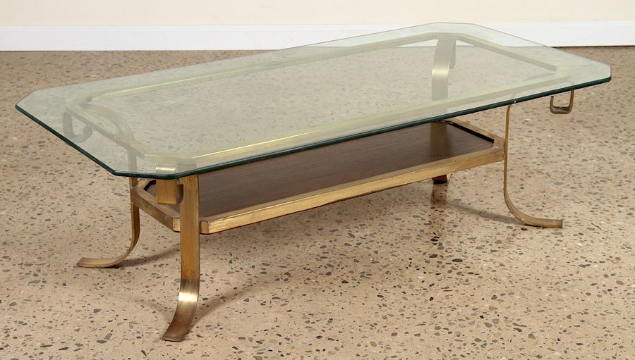 Appraisal: BRONZE AND GLASS COFFEE TABLE INSET WALNUT C A mid