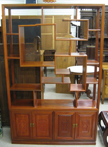 Appraisal: CHINESE TEAKWOOD ETAGERE ON CABINET the top section featuring open