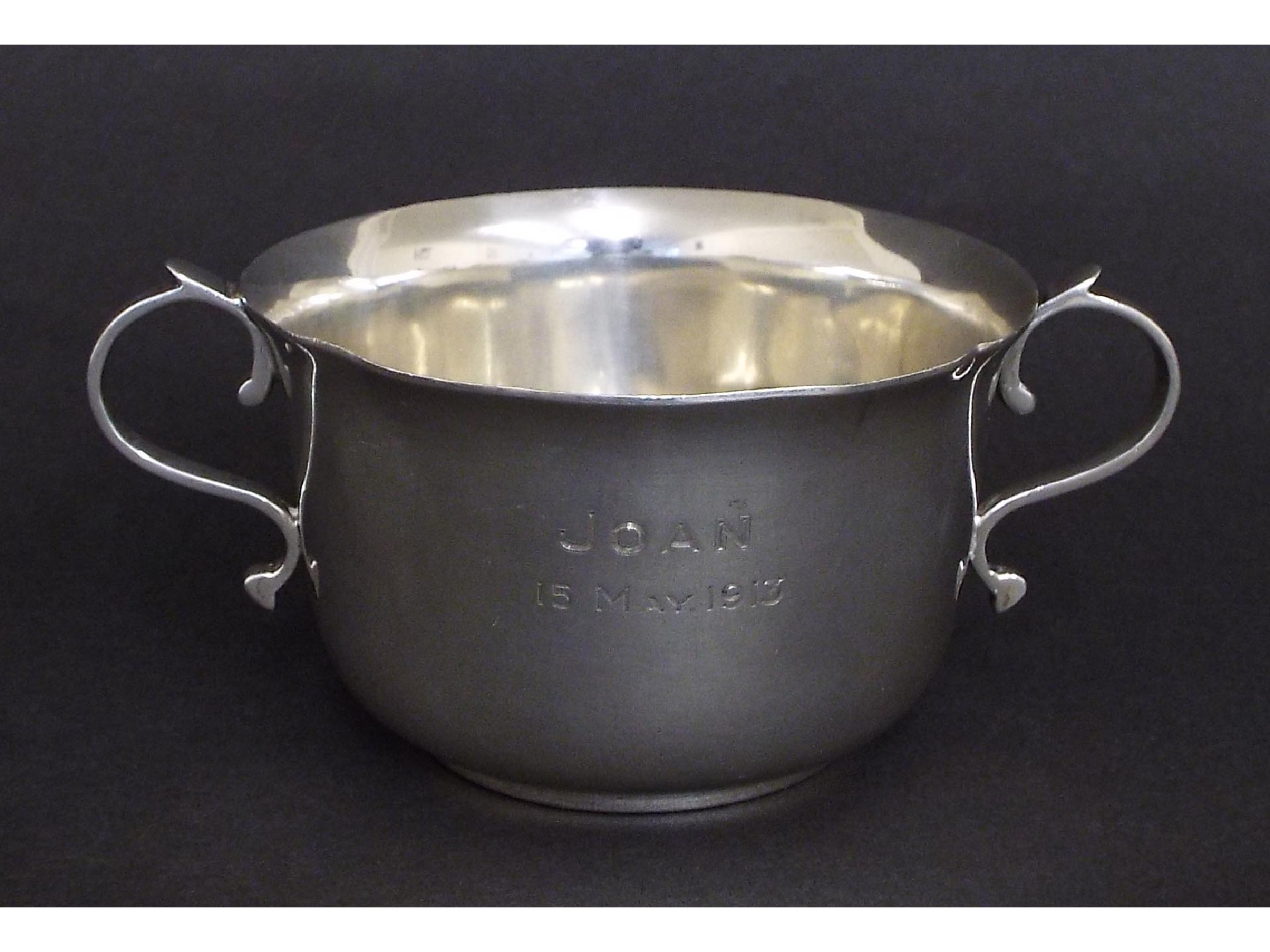 Appraisal: George V silver twin handled porringer inscribed 'Joan' maker Goldsmiths