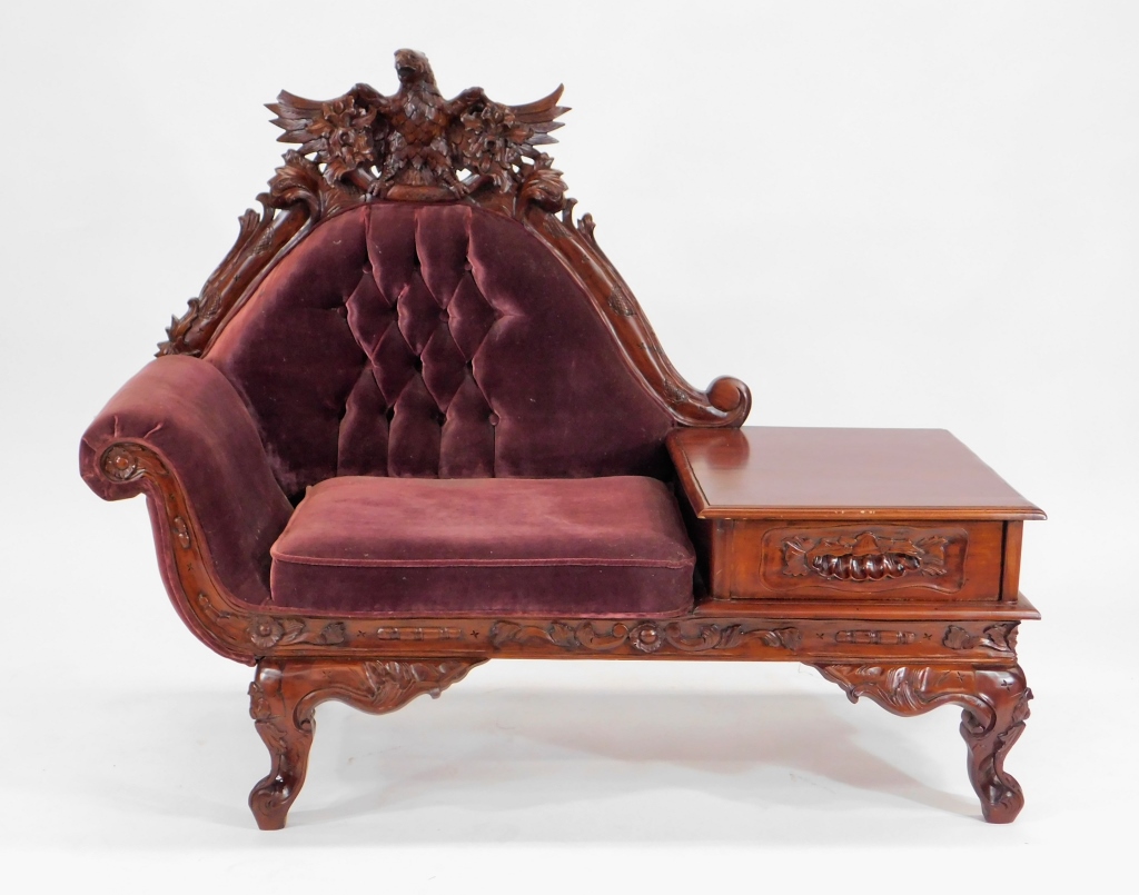 Appraisal: VICTORIAN STYLE MAHOGANY EAGLE TELEPHONE BENCH United States th CenturyOrnate