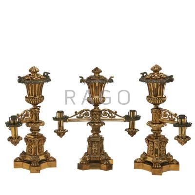 Appraisal: J I COX ARGAND LAMP SET Three pieces missing shades