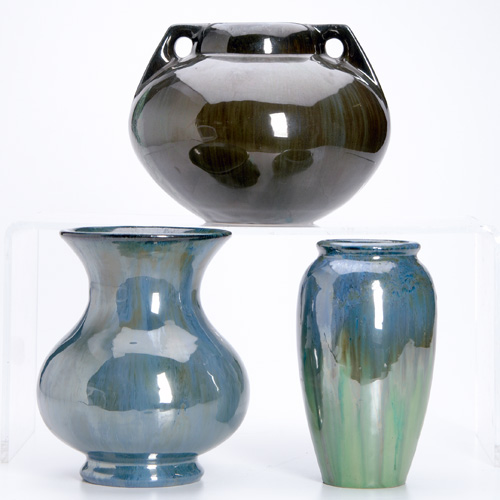 Appraisal: FULPER Three vases covered in mirrored flambe glazes All marked