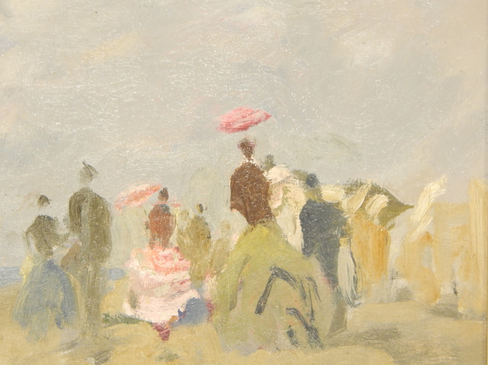 Appraisal: After Boudin Figures beside a beach oil on board cm