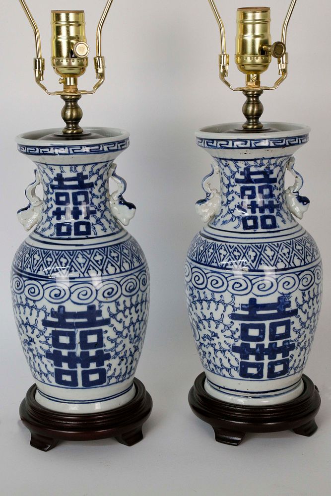 Appraisal: Pair of Canton Style Double Happiness Porcelain Lamps Pair of