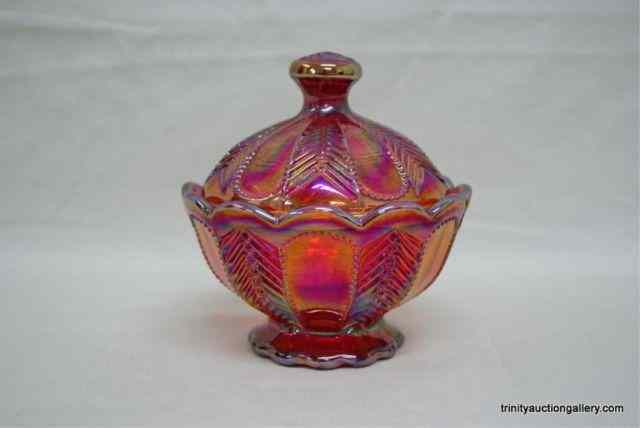 Appraisal: Sunset Ruby Carnival Glass Candy Dish w LidBy Imperial Glass